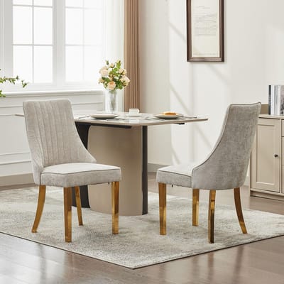 BLACKCOLORS Eetkamerstoelen van rayon met chenille-flock Channel-keukenstoel Comfortabele bijzetstoel van gestoffeerde stof voor de eetkamer met poten van verguld roestvrij staal, set van 2 (beige), DE1647BG