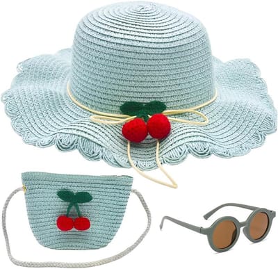 Zonnehoed Set Kinderen - Zomerhoed Meisjes - Strand Vakantie - Met Woven Tas - 3 Delig - Rood
