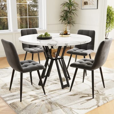 MODFU - Eettafelset - Met 4 Stoelen - Rond - Modern - Voor Eetkamer - MDF, Metaal En Fluweel - Meerkleurig - 100 x 100 x 76 cm