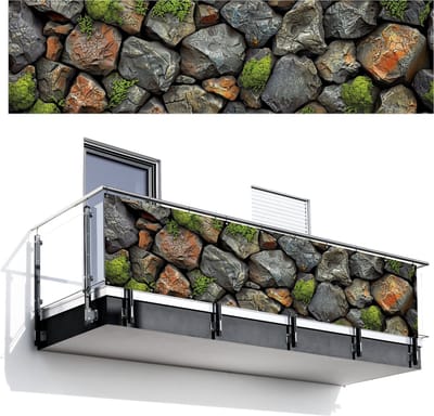 Balkonscherm 300x80 cm - Balkonposter Steenlook - Mos - Grijs - Groen - Balkon scherm decoratie - Balkonschermen - Balkondoek zonnescherm