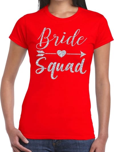 Bride Squad Cupido zilver glitter tekst t-shirt rood dames - dames shirt Bride Squad- Vrijgezellenfeest kleding XS