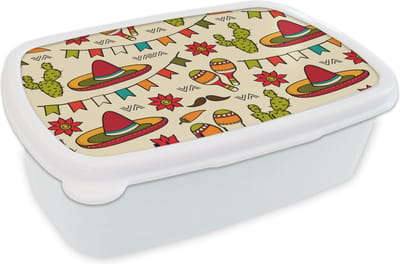Broodtrommel Wit - Lunchbox - Brooddoos - Mexico - Cactus - Patronen - 18x12x6 cm - Volwassenen