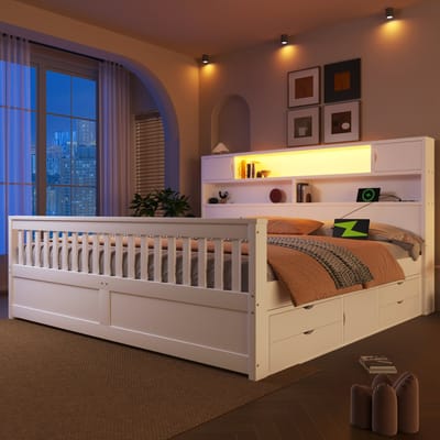 HAUSS SPOLE Bedframe 180x200 cm - Met Led Hoofdbord En Usb, 4 Laden En Opbergruimte - Zonder Matras - Hout - Wit