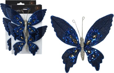 Decoris kerstboomversiering vlinders op clip - 4x st- donkerblauw -15 cm