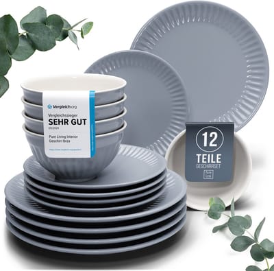 Pure Living Hygge 12-Delig Serviesset - Grijsblauw - 4 Personen - Magnetronveilig - Vaatwasserbestendig