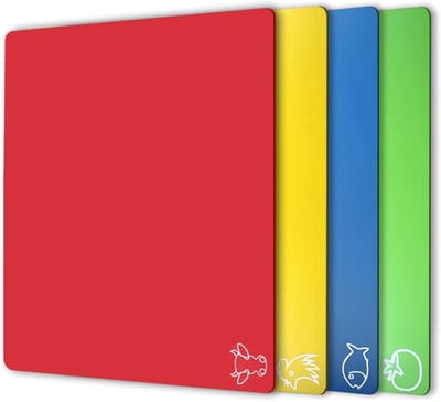 Flexibele snijplank van kunststof - met voedselpictogrammen - set van 4 - verbeterde 100% antislip achterkant - buigzame snijplank - met gaten - vaatwasmachinebestendig - regenboogkleuren
