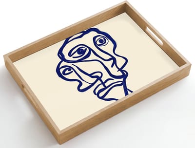 Dienblad hout 50x35 cm - Schootdienblad - Lijntekening - Overlappende gezichten - Donkerblauw - Borrelplank rechthoek - Plateau dienbladen
