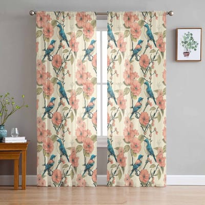 Planten Vogels Takken Tule Raamgordijnen voor Slaapkamer Luxe Huisdecoratie Gordijnen in Woonkamer Chiffon Panelen 135W x 114H(cm) white