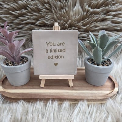 Robuust Wenstegeltje – You Are a Limited Edition – Hip trendy tegeltje – Uniek Cadeau voor Vriendin, Juf, Tante, Zus of Collega – Stijlvolle Woondecoratie met Boodschap – Trendy nu – Decoratief Tegeltje met Standaard – Cadeau Idee