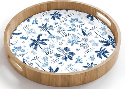 Dienblad rond 40x40 cm - Schootdienblad hout - Zee - Patroon - Blauw - Wit - Borrelplank rechthoek - Plateau houten dienbladen