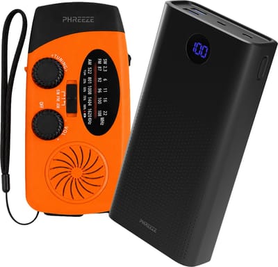 Noodpakket Set - Noodradio Solar Opwindbaar + 30.000 mAh Powerbank - Draagbare Survival Crank Radio FM/AM/SW met Handslinger, LED Zaklamp & SOS - Camping - Oranje