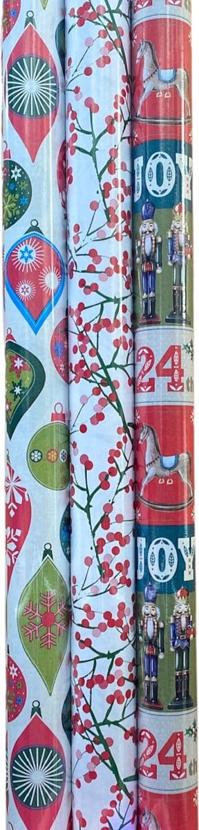 FESTIVE GIFTS Inpakpapier - Cadeaupapier - 200 x 70cm - 3 rollen - Kerst - Luxe Cadeauverpakking - Kleurrijk