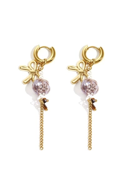 Goudkleurige oorbellen met strik, bloem & ketting – bruin-trendy oorbellen dames, hangende oorbellen goud, statement oorbellen
