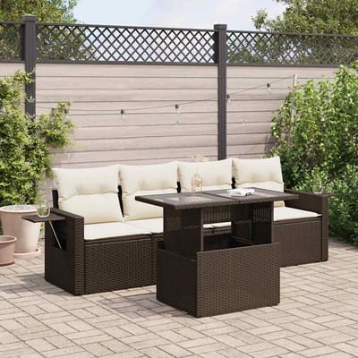 vidaXL - 5-delige - Loungeset - met - kussens - poly - rattan - bruin