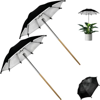 2 stuks - Plantenparasol - Plantenparasol voor buiten - Mini Pot Parasol - 27cm - Houten Spitssteel voor Balkonplanten Bloemen en Kamerpotplanten tegen Zonverbranding - Zwart
