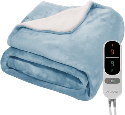 Auronic Elektrische Deken - 180 x 130 cm - 1 Persoons Warmtedeken - 9 Warmte en Timerstanden - Verwarmingsdeken - Sherpa Fleece - Lichtblauw