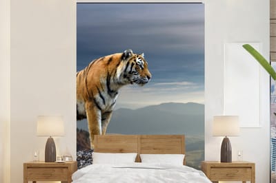 Behang - Fotobehang Tijger - Berg - Natuur - Landschap - Breedte 170 cm x hoogte 260 cm