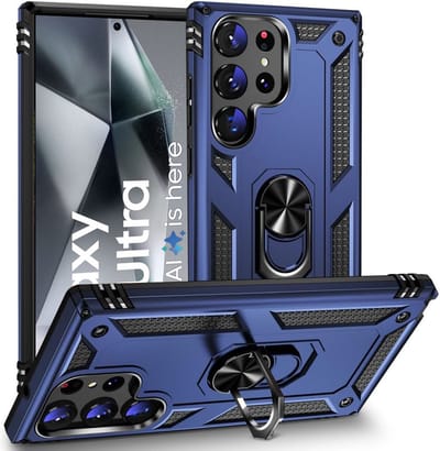 BixB Hoesje Geschikt voor Samsung Galaxy S24 Ultra hoesje - Hybrid Armor Anti-Shock hoes - Ringhouder backcover - Blauw
