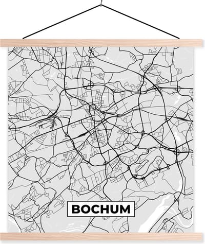 Posterhanger incl. Poster 40x40 cm - Schoolplaat - Bochum - Duitsland - Kaart - Plattegrond - Stadskaart - Textielposter - Blanke latten - Stadskaart