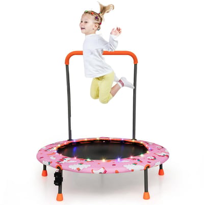COSTWAY Φ92 cm Kindertrampoline Gevoerde Veiligheidshandgreep voor Kinderen 3 – 6 jaar met Led-Verlichting Ronde Springmat en Beschermhoes-Roze