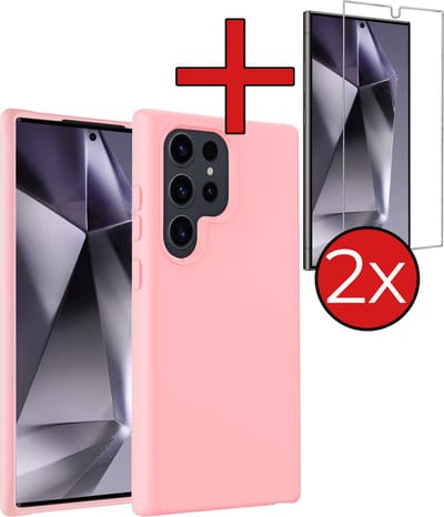 Hoesje - Met 2x Screenprotector - Geschikt voor Samsung Galaxy S24 Ultra - Sterk & Shockproof - Telefoon Hoes - Back Cover - Siliconen Case - Telefoonhoes - Lichtroze