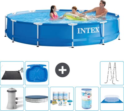 Intex Rond Frame Zwembad - 366 x 76 cm - Blauw - Inclusief Pomp - Afdekzeil - Onderhoudspakket - Filter - Grondzeil - Solar Mat - Ladder - Voetenbad - 9-delig