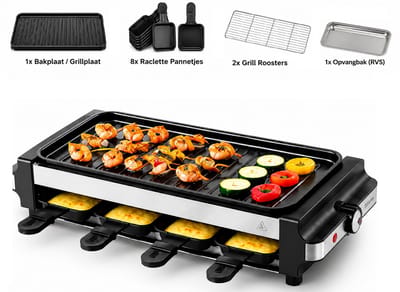 SMH LINE® Gourmetset - 1700W - Bakplaat 8 personen - Grill and Bakplaat - Incl 8 pannetjes - PFAS-Vrij - Anti-aanbaklaag