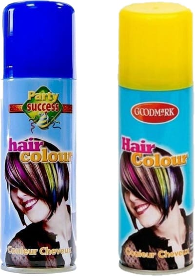 Goodmark Carnaval verkleed haarverf - haarspray - kleuren geel en blauw - 125 ml per flacon - verven