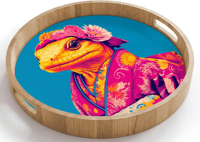 Dienblad rond 40x40 cm - Schootdienblad hout - Bloemenkrans - Hagedis - Kimono - Paars - Borrelplank rechthoek - Plateau houten dienbladen