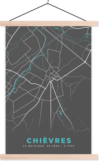 Posterhanger incl. Poster 40x60 cm - Schoolplaat - Stadskaart – Grijs - Kaart – Chièvres – België – Plattegrond - Textielposter - Blanke latten - Stadskaart