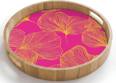Dienblad rond 40x40 cm - Schootdienblad hout - Bladeren - Nerven - Grafisch - Roze - Borrelplank rechthoek - Plateau houten dienbladen