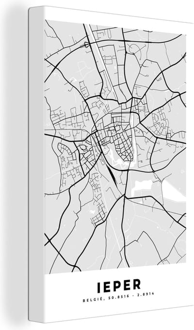 Canvas Schilderij Plattegrond – Ieper – Zwart Wit – Stadskaart - Kaart - 20x30 cm - Wanddecoratie