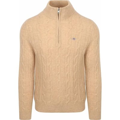 Gant Halfzip Lamswol Trui Cable Beige - Maat XXL - Heren - Quarter zip