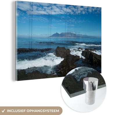® Glasschilderij 180x120 cm - Schilderij acrylglas - Het uitzicht van het beroemde Robbeneiland uitkijkend over de Zuid-Atlantische Oceaan - Foto op glas - Muurdecoratie woonkamer - Wanddecoratie slaapkamer - Schilderijen