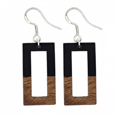 Oorbellen-rechthoek open hout-zwart-zilver Mignon -Charme Bijoux