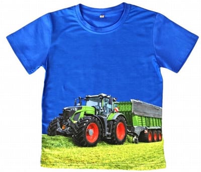 T-shirt met tractor + trailer, groene trekker Fendt, kobalt blauw, full colour print, kids, kinder, maat 92, stoer, mooie kwaliteit!