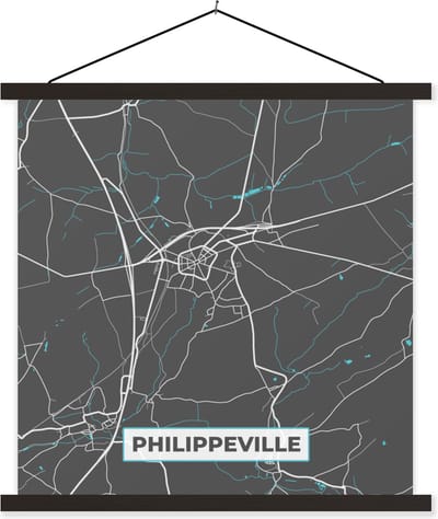 Posterhanger incl. Poster 60x60 cm - Schoolplaat - Kaart – Plattegrond – Stadskaart – Philippeville – België - Grijs - Textielposter - Zwarte latten - Stadskaart