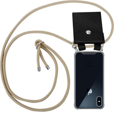 Cadorabo Hoesje geschikt voor Apple iPhone X / XS in GLANZEND BRUIN - Silicone Mobiele telefoon ketting beschermhoes met zilveren ringen, koordriem en afneembaar etui