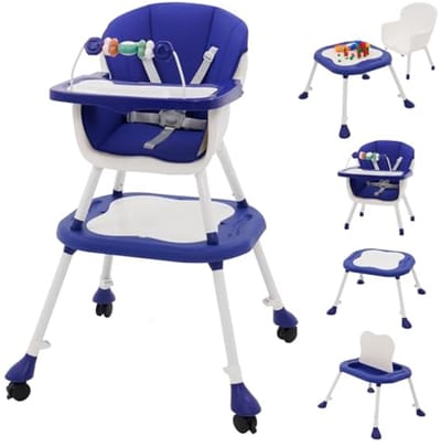 5-in-1 Hoge Kinderstoel met Tafel en Wielen - Verstelbare en Opvouwbare Kinderstoel met Comfortabele Veiligheidsriem