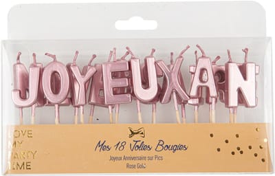 ARTYFETES - Verjaardagskaarsjes op prikkers letters "Joyeux Anniversaire" roségoud metallic 4,3 cm voor taart