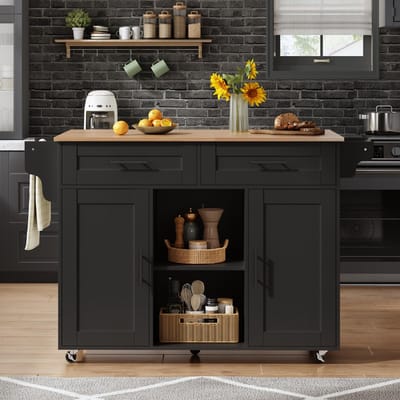 WELLTIN multifunctioneel verrijdbaar keukeneiland met inklapbaar werkblad, verstelbare planken, 5 zwenkwielen, 145x45x94 cm, verborgen besteklade - geschikt voor keukens, eetkamers, woonkamers - Zwart