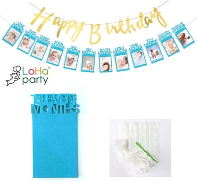 Loha-party® Eerste verjaardag foto slingeren Happy Birthday Banner Set-Baby Mijlpaal Slinger-Fotobanner-Eerste Verjaardag-Kraftpapier Frame -Verjaardagsfeest-feestartikelen-versiering-Blauw