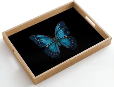 Dienblad hout 50x35 cm - Schootdienblad - Vlinder - Blauw - Contrast - Borrelplank rechthoek - Plateau dienbladen