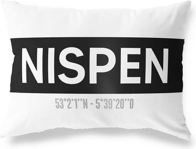 Tuinkussen NISPEN - NOORD-BRABANT met coördinaten - Buitenkussen - Bootkussen - Weerbestendig - Jouw Plaats - Studio216 - Modern - Zwart-Wit - 50x30cm