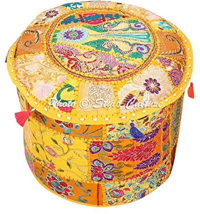 Etnische Ottomaanse Pouf Cover - Geel, Ronde Katoenen Vakwerk Stoffering