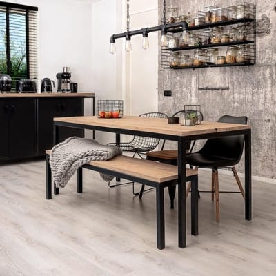 Industriële eettafel + bank hout en staal "Tulsa" - 200 x 100 x 75 cm - Hangemaakt