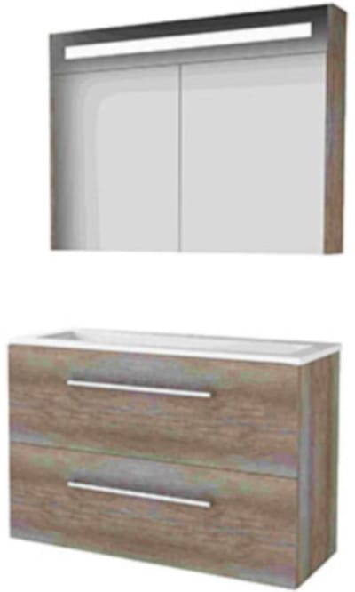 Basic-Line Premium 39 Badkamermeubelset - Ondiep - 100 x 39 cm - Met Grepen - 2 Lades - Acryl Wastafel - 1 Kraangat - Spiegelkast met LED Verlichting - Scotch Oak