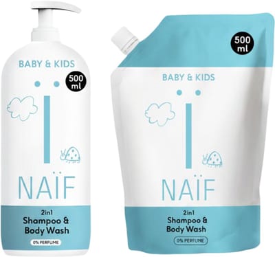 Naïf - 2-in-1 Shampoo & Body Wash - Voordeelset - Baby & Kids - 0% Parfum - Pompfles en Navulling - 2x500ml