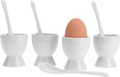 8-delige set eierhouders voor 4 eieren & 4 lepels eierdopjes porselein wit set