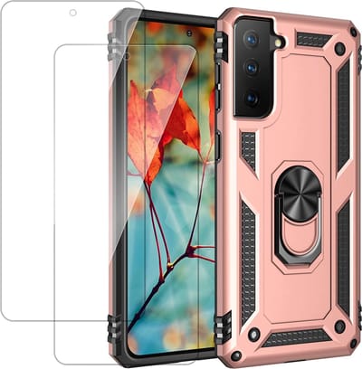 Casemania Hoesje Geschikt voor Samsung Galaxy S22 Roségoud & 2X Glazen Screenprotector - Anti-Shock Hybrid Armor Back Cover - Hoes met Kickstand Ring